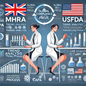 DALL·E 2024-11-24 17.53.06 - A professional infographic-style image comparing MHRA and USFDA OOS guidelines featuring two female investigators. On the left side, a female scientis